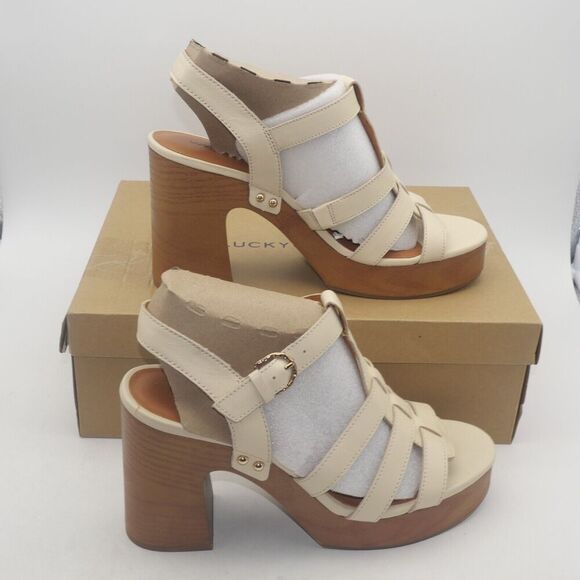 NEW Lucky Brand Women's 9.5 Imana Leather Ankle Strap Sandals Heels Vanilla - Picture 4 of 8